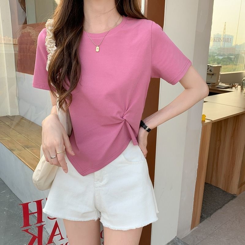 Short-Sleeve T-Shirt Plain Neck Crew Asymmetrical Crop Ruched