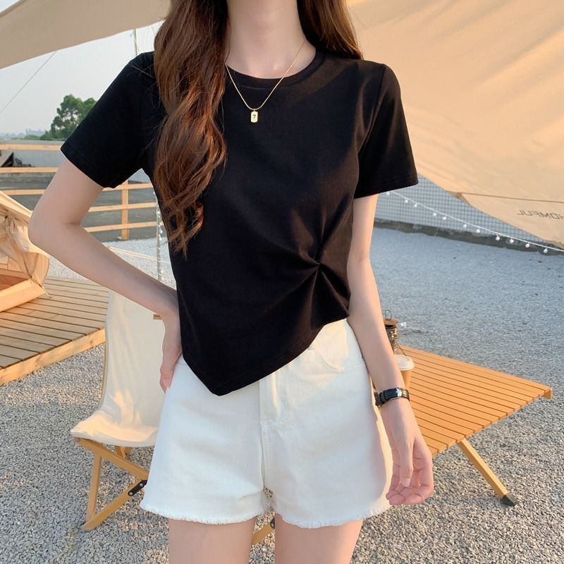 Short-Sleeve T-Shirt Plain Neck Crew Asymmetrical Crop Ruched