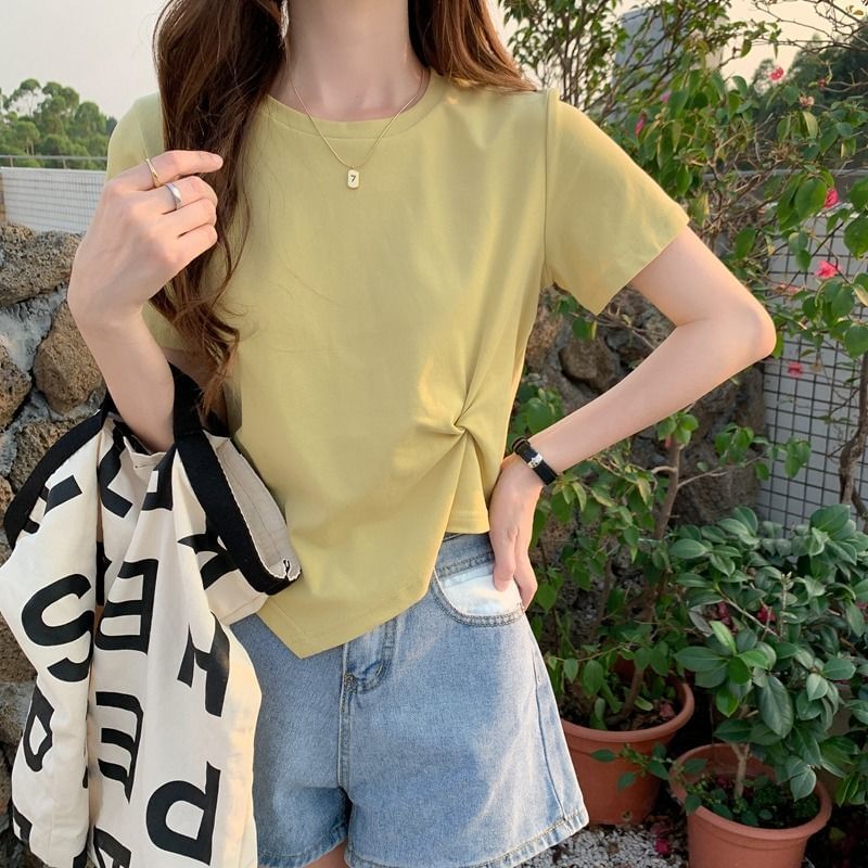 Short-Sleeve T-Shirt Plain Neck Crew Asymmetrical Crop Ruched