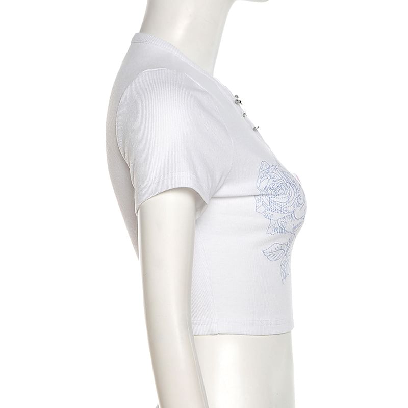 Short-Sleeve Print Ribbed Slim Crop Pin Fit Accent Notch Floral Neck T-Shirt Safety