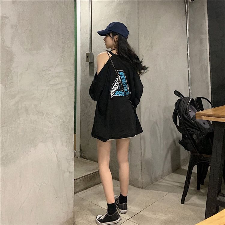 Cold Print Neck Crew 3/4-Sleeve Lettering Shoulder T-Shirt