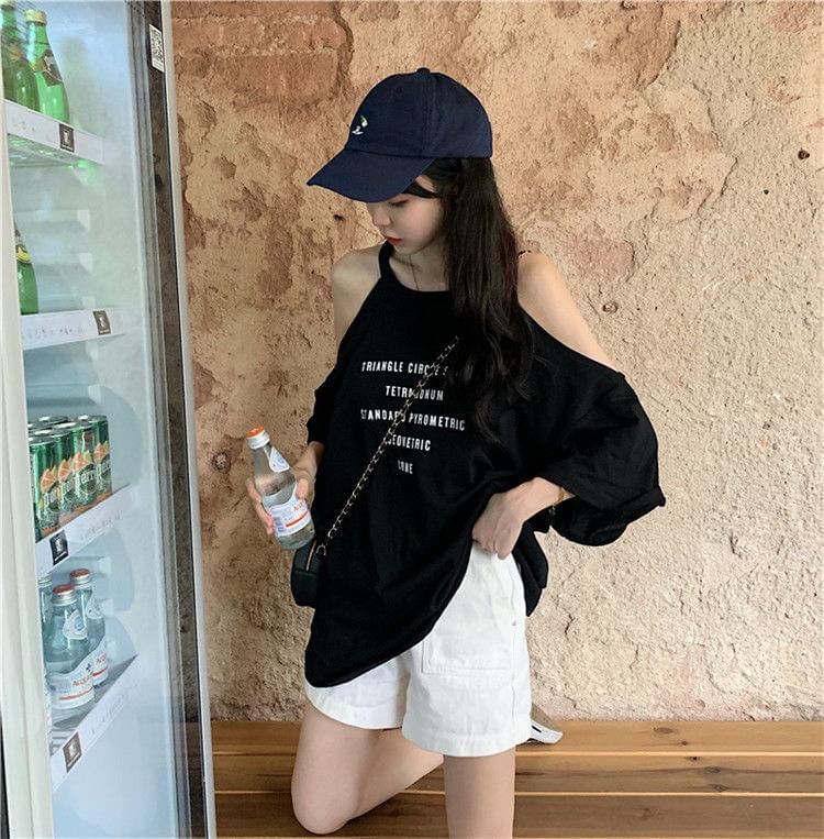 Cold Print Neck Crew 3/4-Sleeve Lettering Shoulder T-Shirt