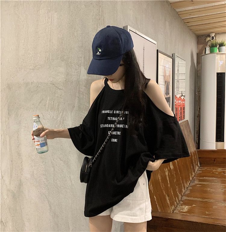 Cold Print Neck Crew 3/4-Sleeve Lettering Shoulder T-Shirt