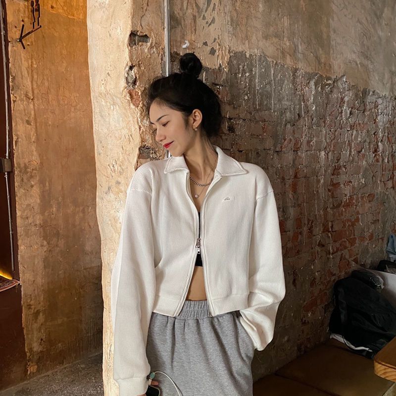 Collared Plain Applique Zip-Up Waffle Jacket Crop