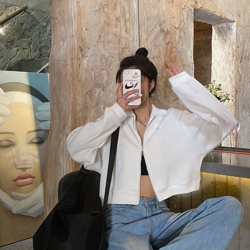 Collared Plain Applique Zip-Up Waffle Jacket Crop