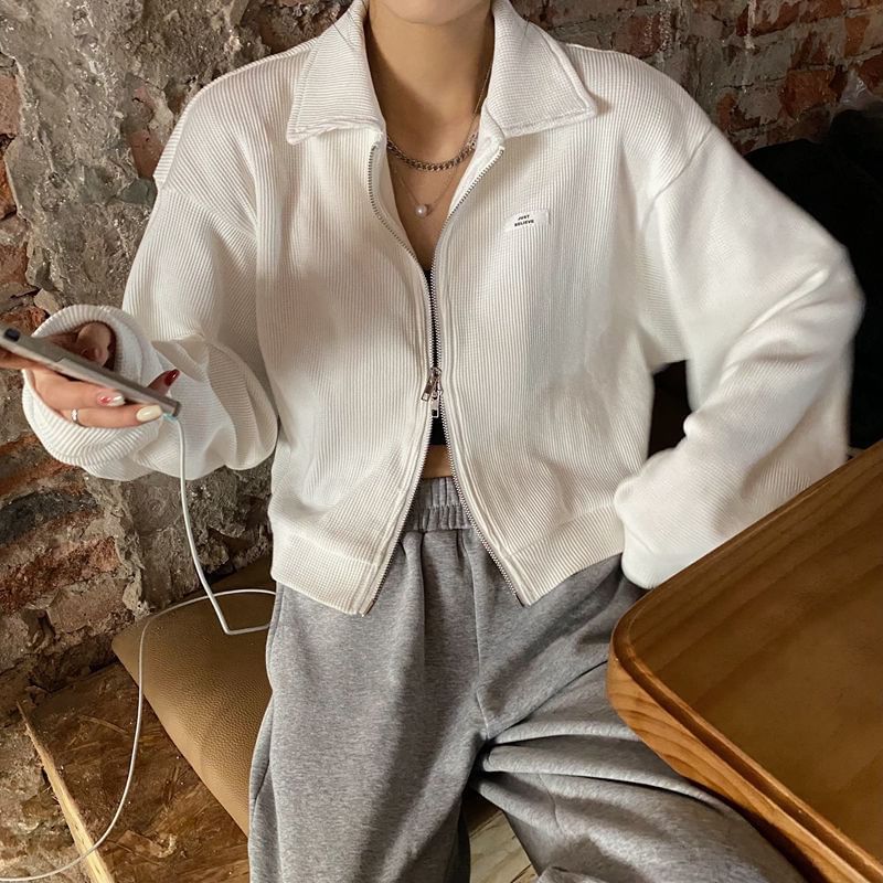 Collared Plain Applique Zip-Up Waffle Jacket Crop