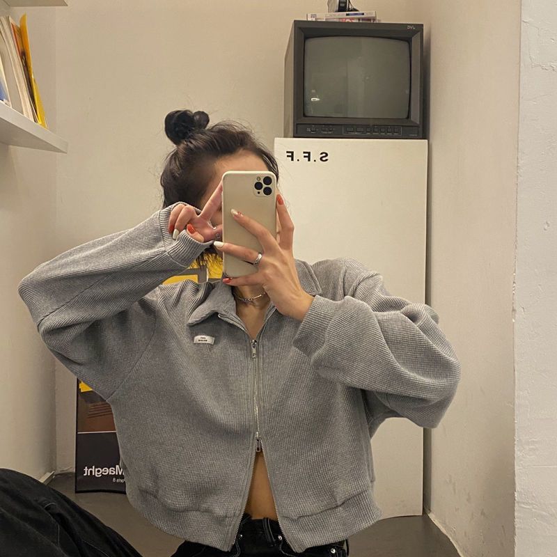 Collared Plain Applique Zip-Up Waffle Jacket Crop