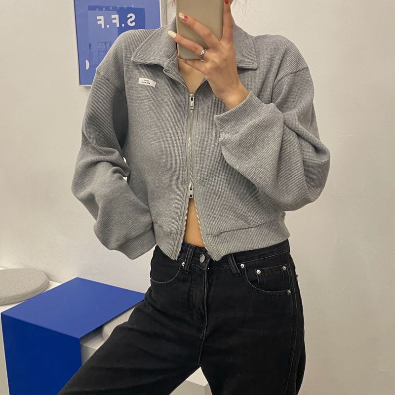 Collared Plain Applique Zip-Up Waffle Jacket Crop