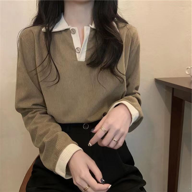 Polo Trim Ribbed Shirt Long-Sleeve Contrast