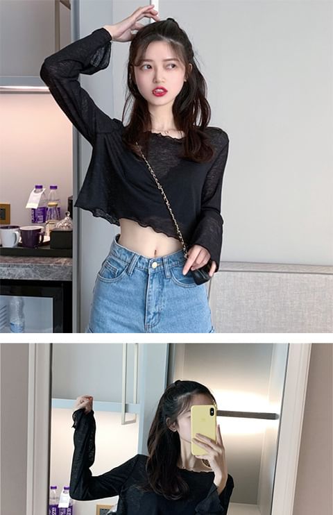 Sheer Long-Sleeve T-Shirt Plain Off-Shoulder Crop