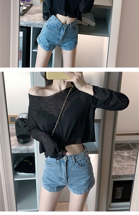 Sheer Long-Sleeve T-Shirt Plain Off-Shoulder Crop