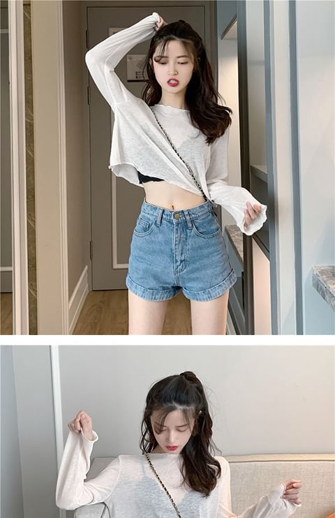Sheer Long-Sleeve T-Shirt Plain Off-Shoulder Crop