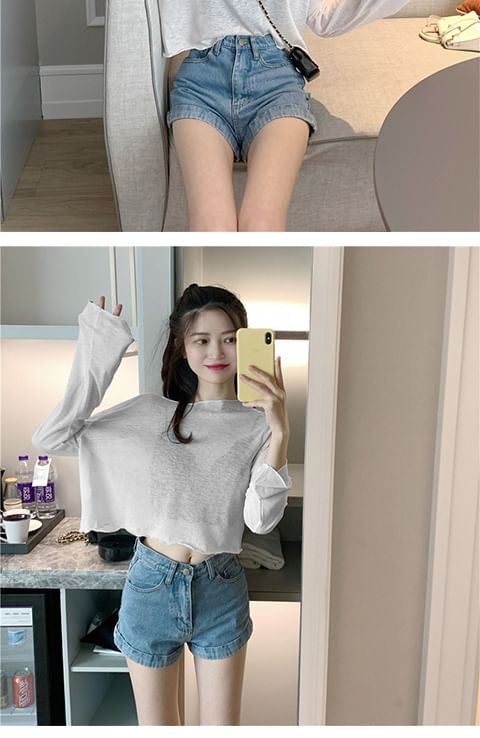Sheer Long-Sleeve T-Shirt Plain Off-Shoulder Crop