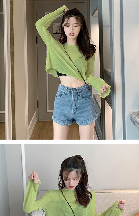 Sheer Long-Sleeve T-Shirt Plain Off-Shoulder Crop