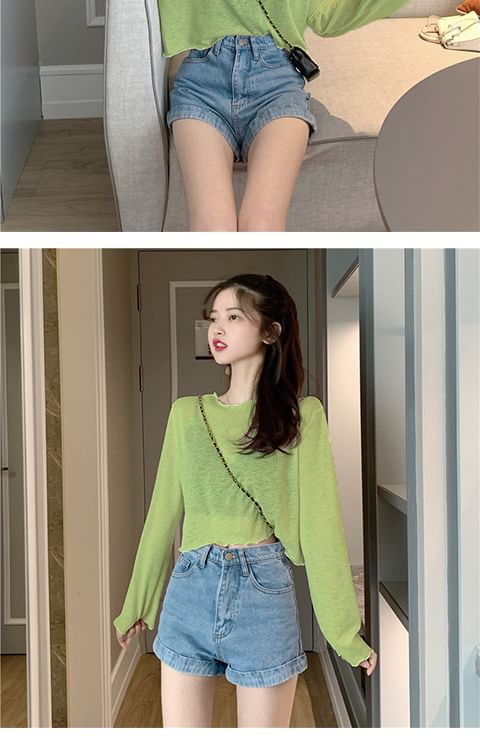 Sheer Long-Sleeve T-Shirt Plain Off-Shoulder Crop