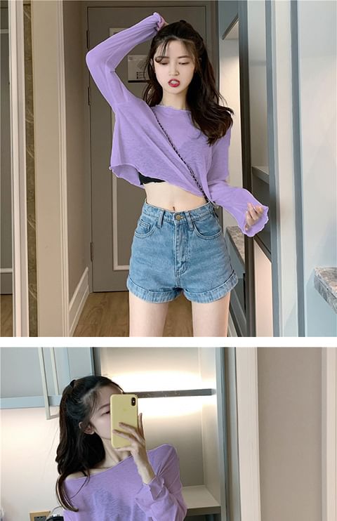Sheer Long-Sleeve T-Shirt Plain Off-Shoulder Crop