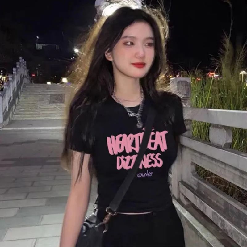 Short-Sleeve Crop Lettering Neck Print Crew T-Shirt