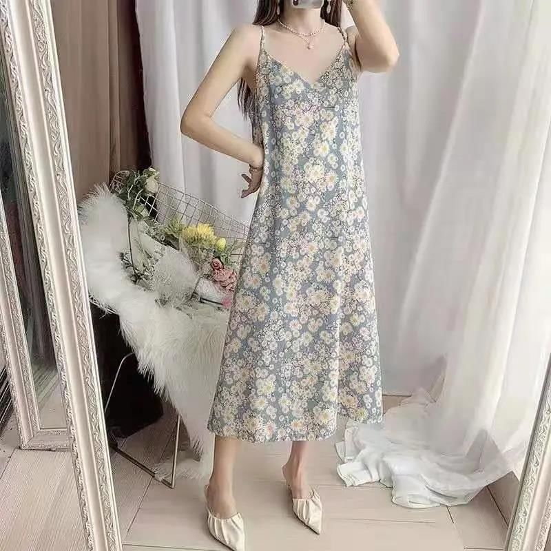 Midi Shift V-Neck Floral Spaghetti Dress Strap Print