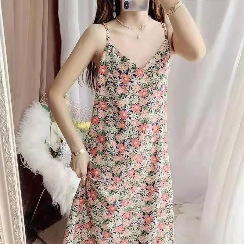 Midi Shift V-Neck Floral Spaghetti Dress Strap Print