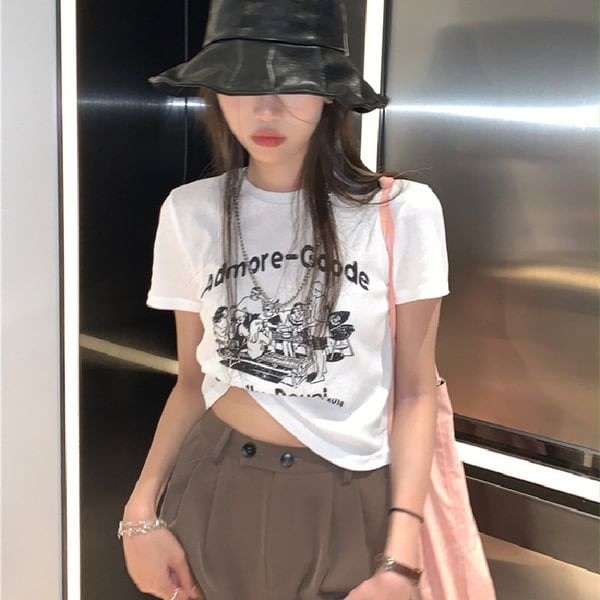 Neck Crop Print Lettering T-Shirt Crew Short-Sleeve