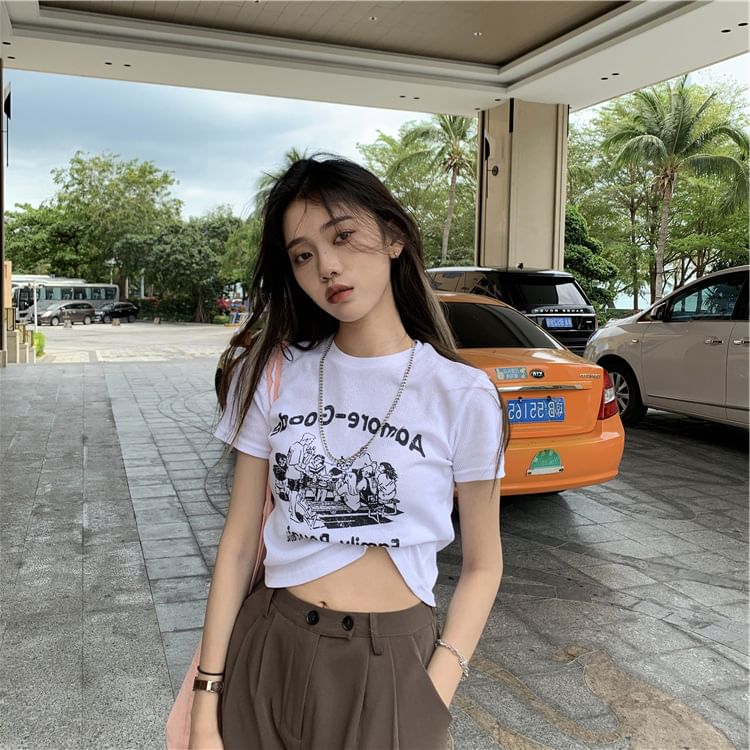 Neck Crop Print Lettering T-Shirt Crew Short-Sleeve
