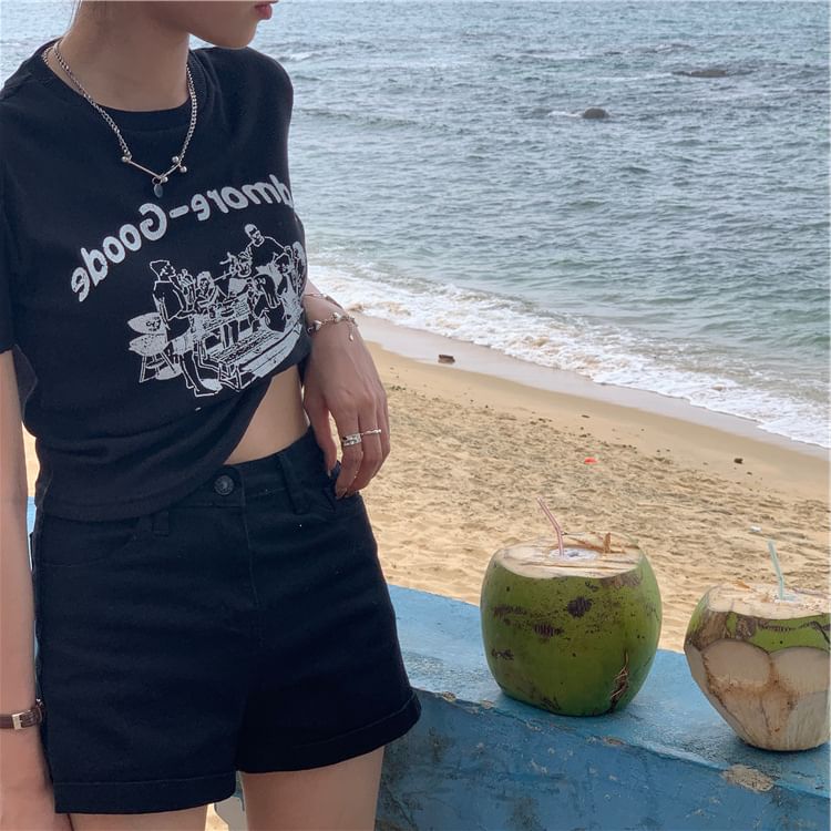 Neck Crop Print Lettering T-Shirt Crew Short-Sleeve