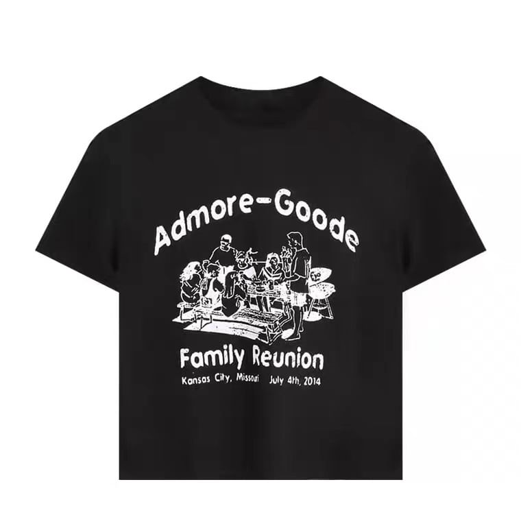 Neck Crop Print Lettering T-Shirt Crew Short-Sleeve