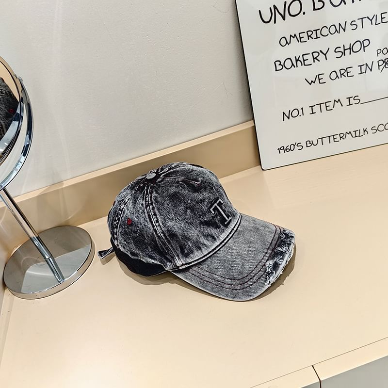 Cap Distressed Baseball Washed Denim Lettering