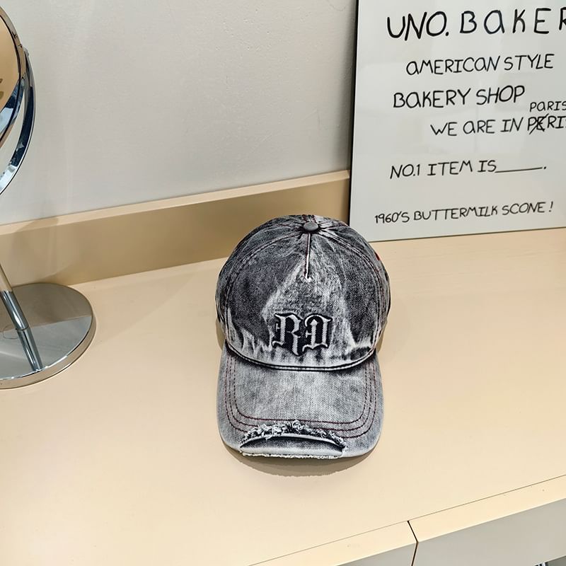 Cap Distressed Baseball Washed Denim Lettering