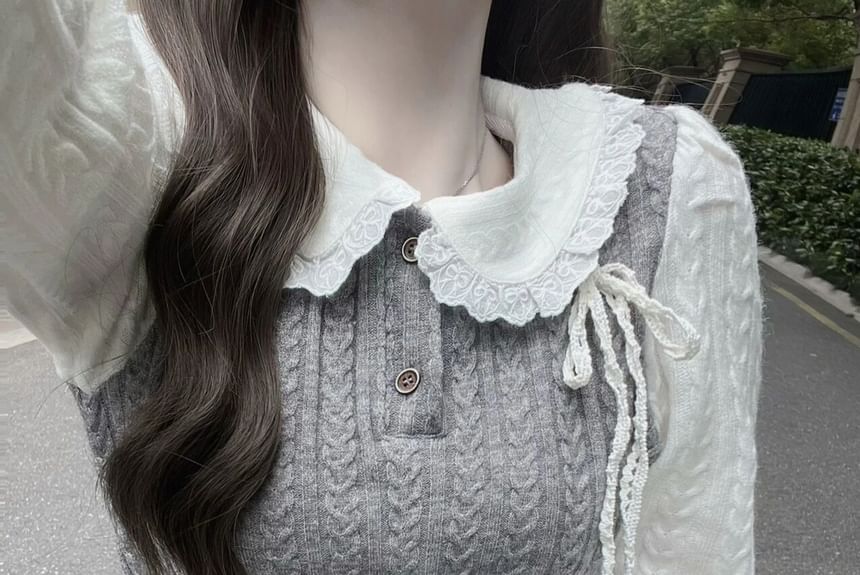 Mock Skirt / Two-Piece Long-Sleeve Knit Top Pleated Half Buttoned