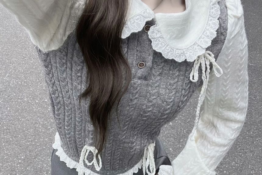 Mock Skirt / Two-Piece Long-Sleeve Knit Top Pleated Half Buttoned