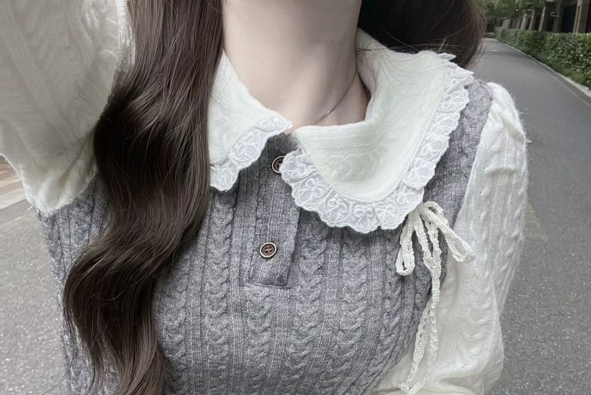 Mock Skirt / Two-Piece Long-Sleeve Knit Top Pleated Half Buttoned