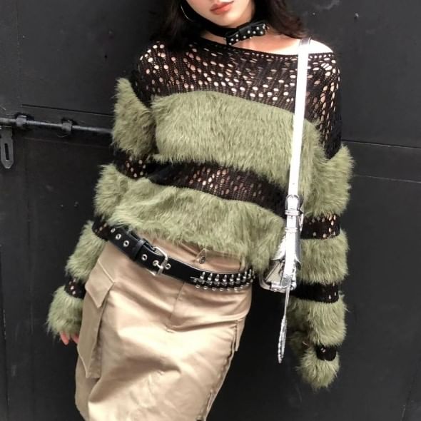 Boatneck Knit Long-Sleeve Top Perforated