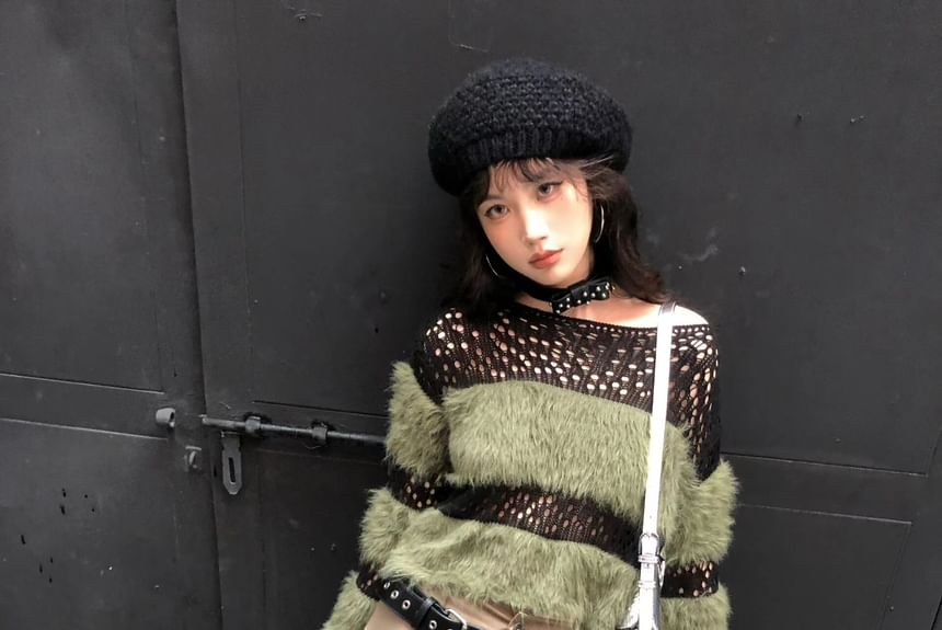 Boatneck Knit Long-Sleeve Top Perforated