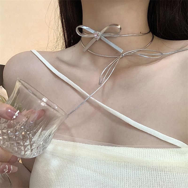 Ribbon Choker Leather Faux Heart Rhinestone