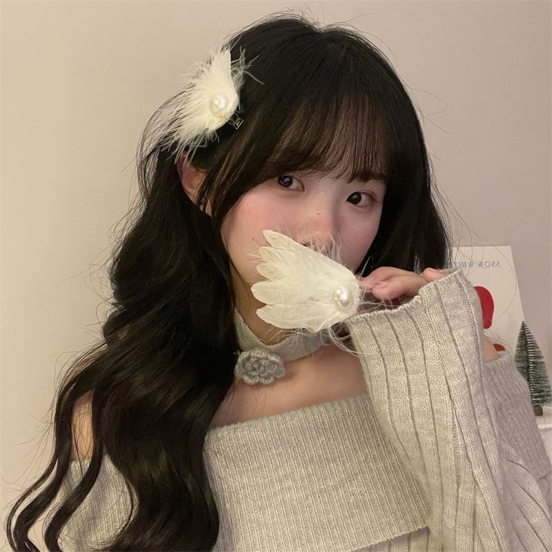 Pearl Faux Feather Clip Hair of Set 2: