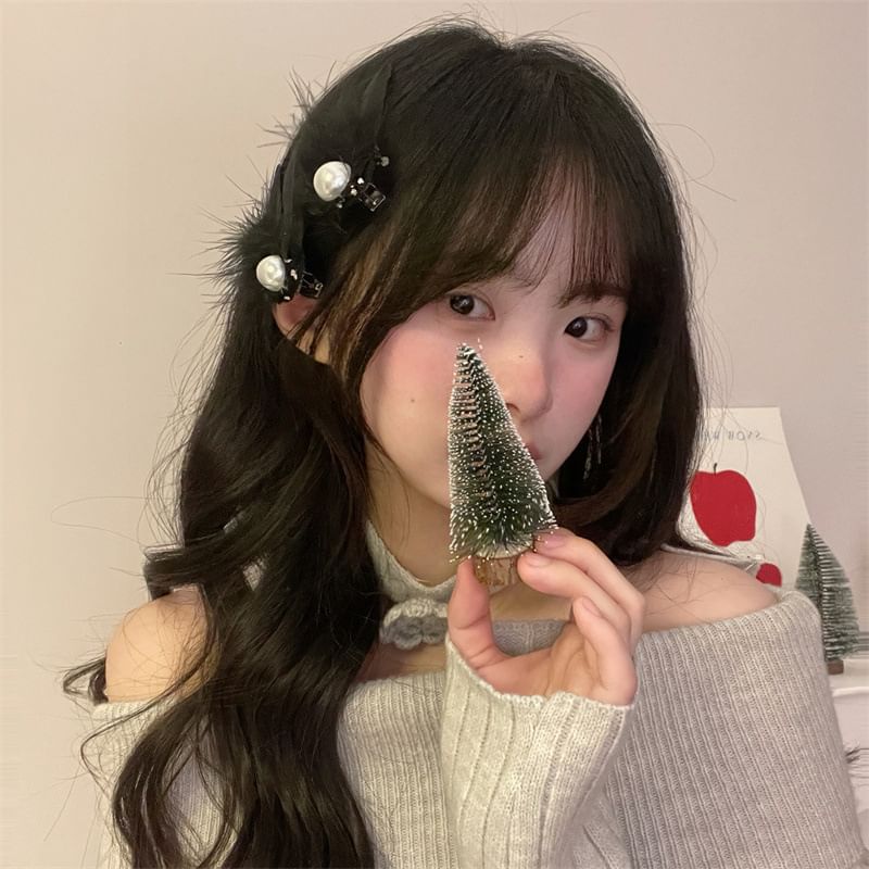 Pearl Faux Feather Clip Hair of Set 2: