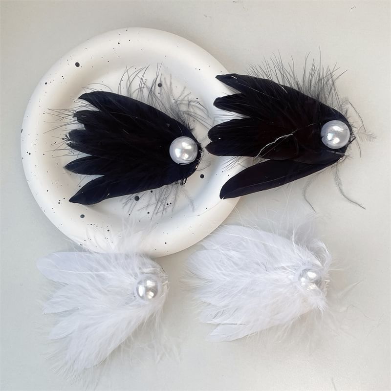 Pearl Faux Feather Clip Hair of Set 2: