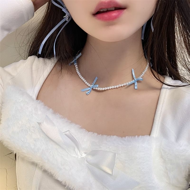 Ribbon Faux Pearl Choker