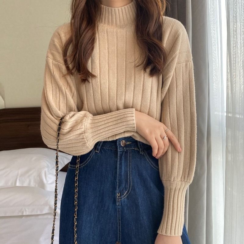 Sweater Plain Neck Mock Ribbed