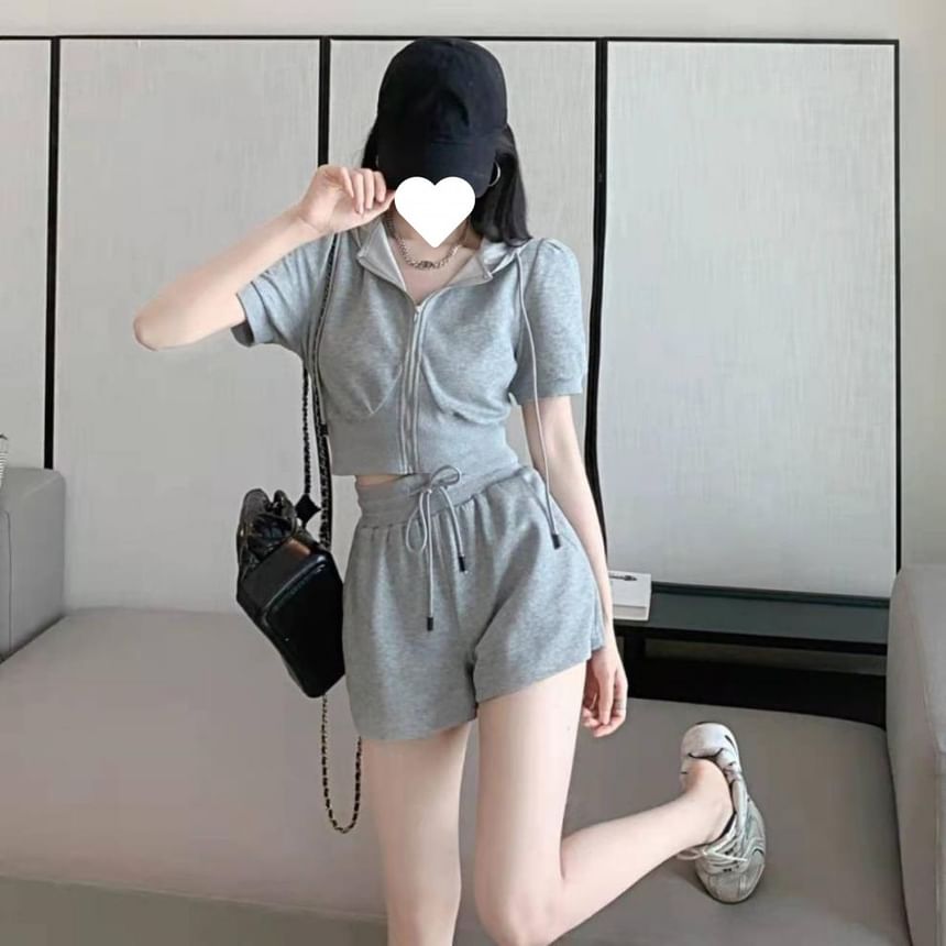 Short-Sleeve Sweat Drawstring Shorts Zip Waist Hoodie Set: Plain +