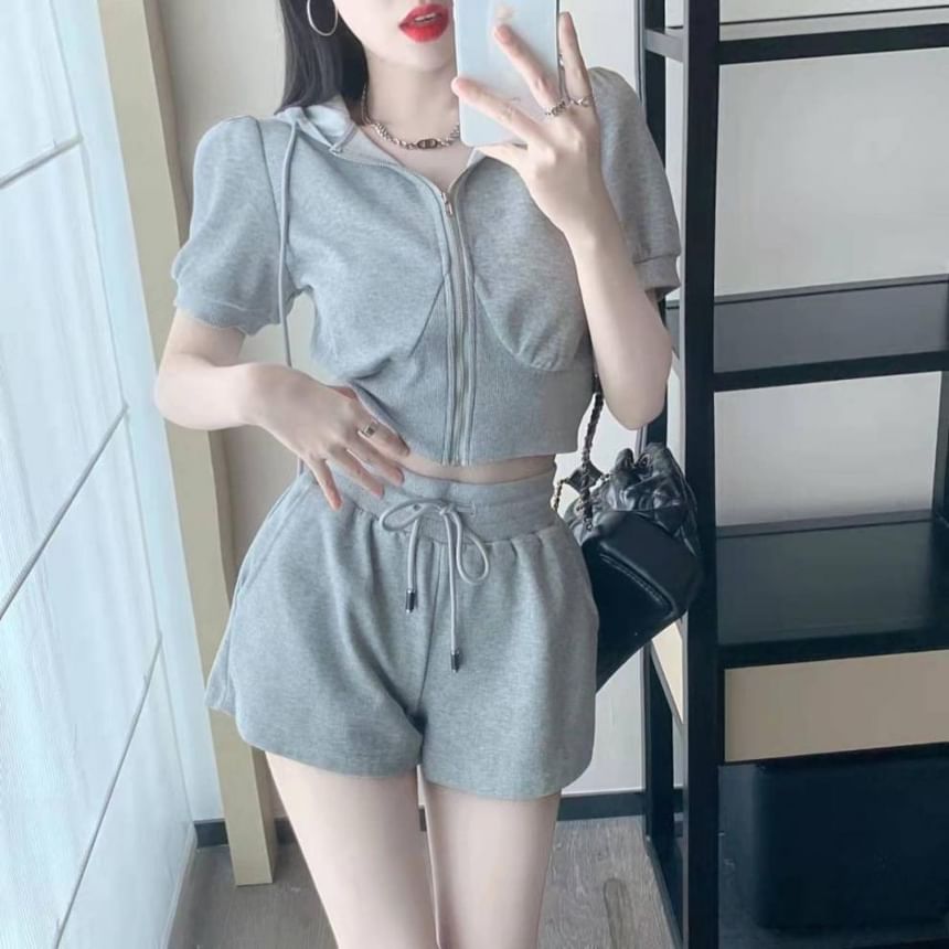 Short-Sleeve Sweat Drawstring Shorts Zip Waist Hoodie Set: Plain +