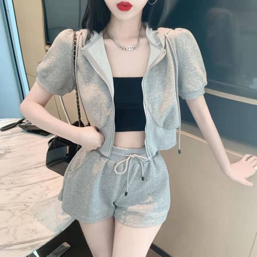 Short-Sleeve Sweat Drawstring Shorts Zip Waist Hoodie Set: Plain +