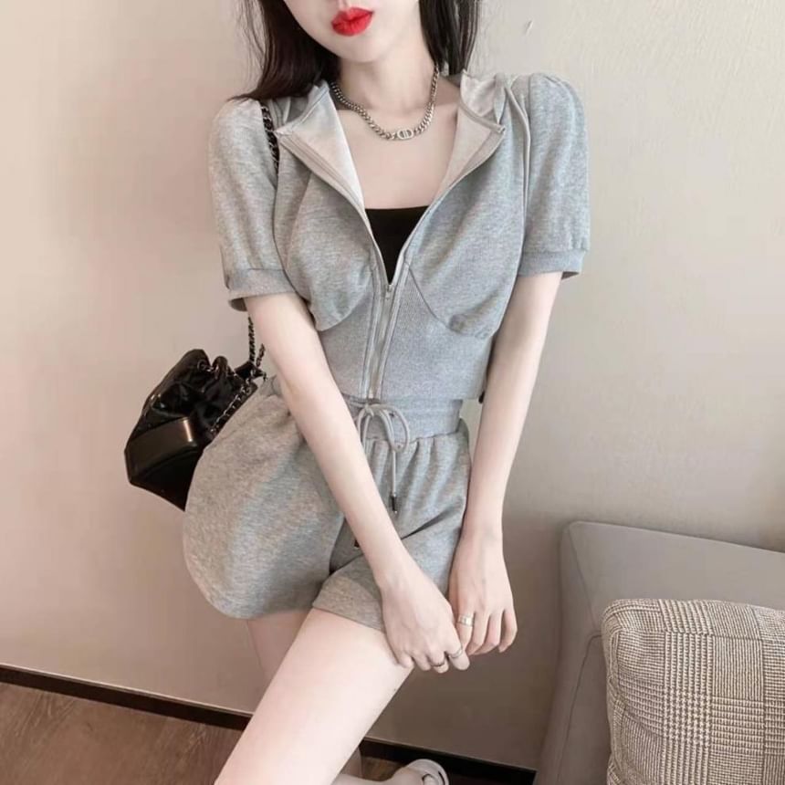 Short-Sleeve Sweat Drawstring Shorts Zip Waist Hoodie Set: Plain +