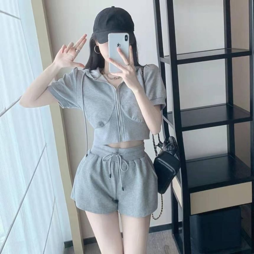 Short-Sleeve Sweat Drawstring Shorts Zip Waist Hoodie Set: Plain +
