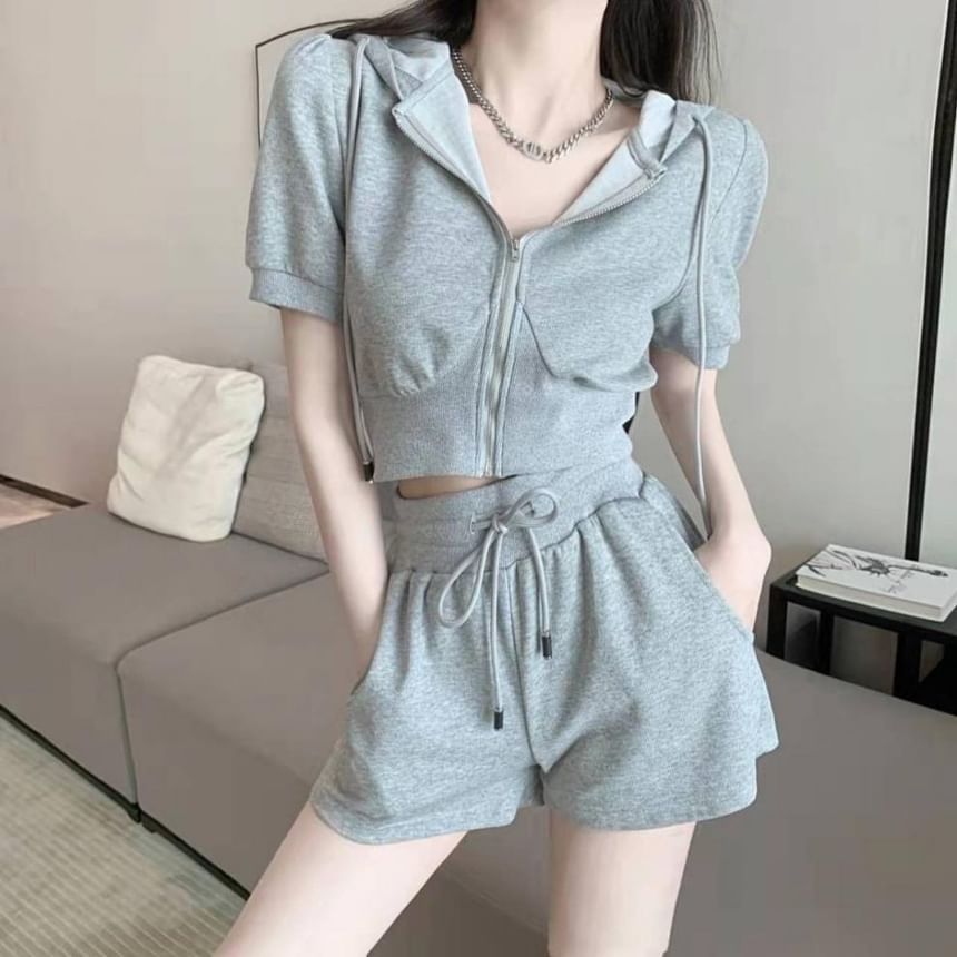 Short-Sleeve Sweat Drawstring Shorts Zip Waist Hoodie Set: Plain +