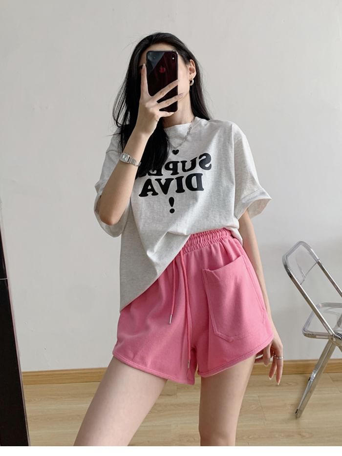 Drawstring Sweat Waist Plain Shorts
