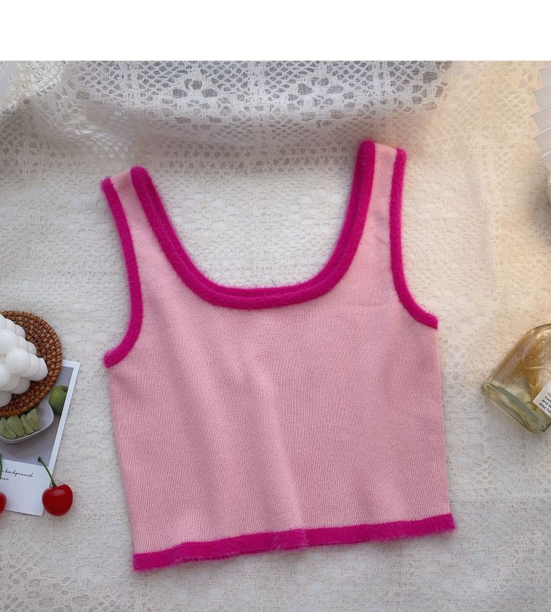 Crop Scoop Contrast Neck Knit Trim Top