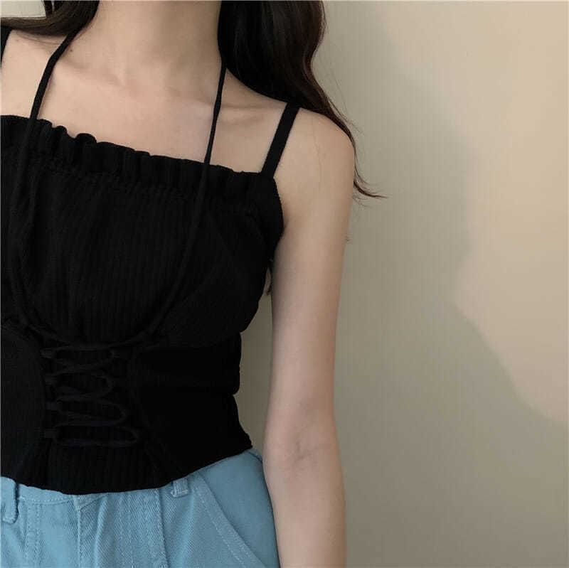 Up Lace Crop Plain Top Ruched Camisole