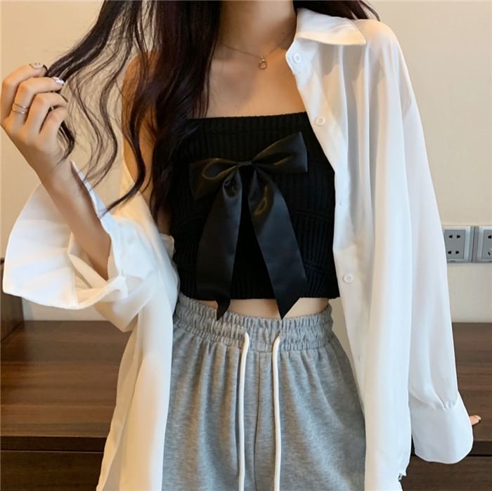 Camisole Top Bow Knit Plain Ribbed